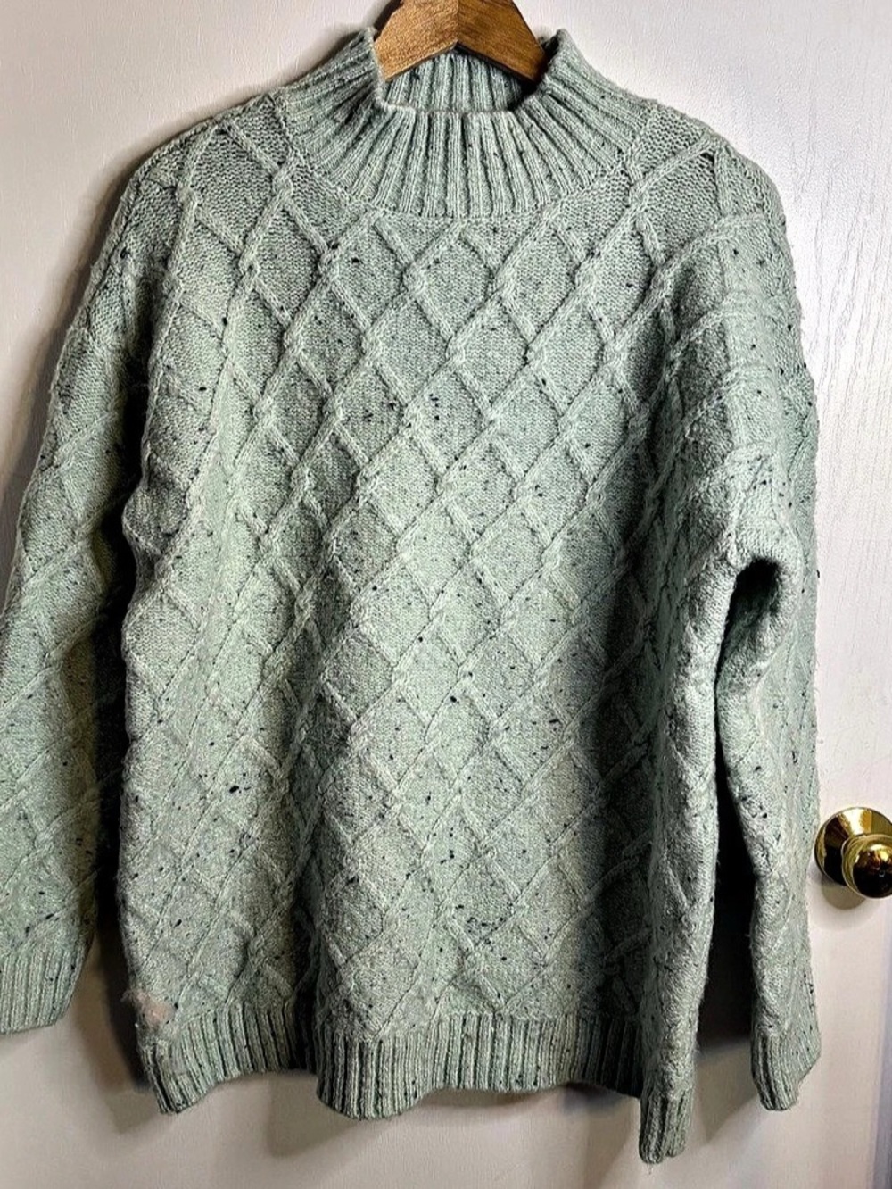 Ann Taylor Sz L Diamond Cable Pattern Mock Neck Sweater Soft Aqua Fisherman Knit